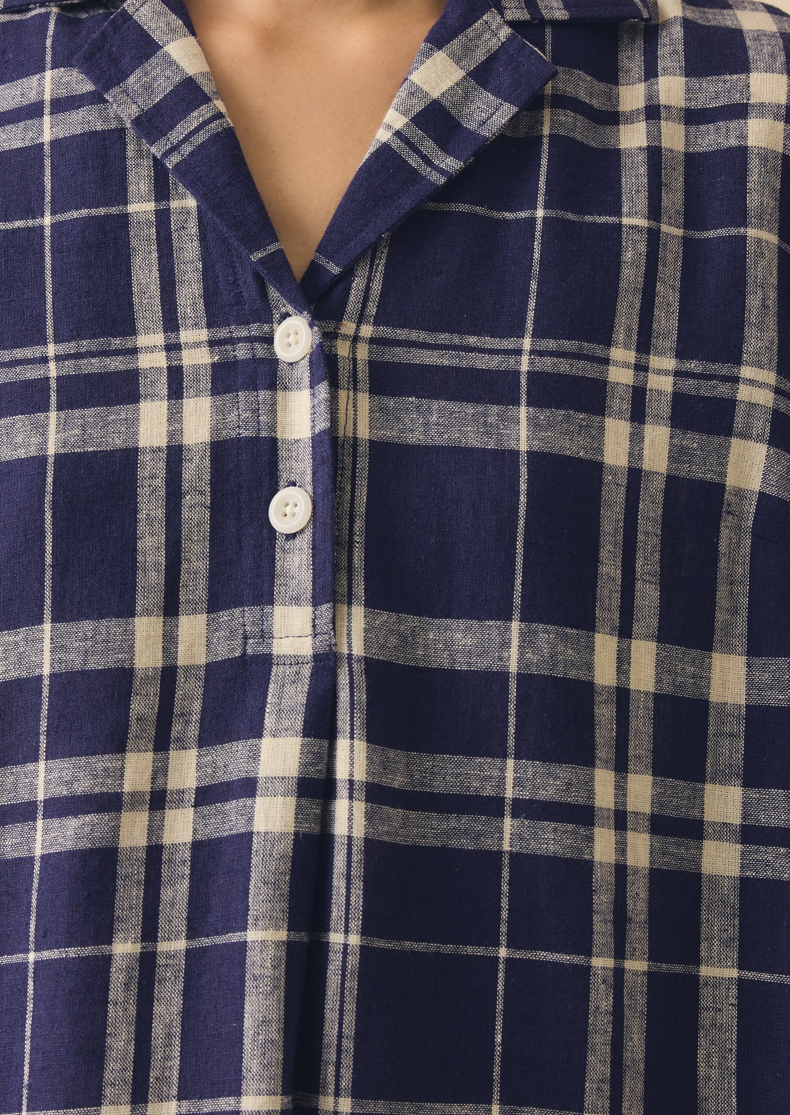 Check Linen Cotton Swing Dress | Blue/Soya - Image 3