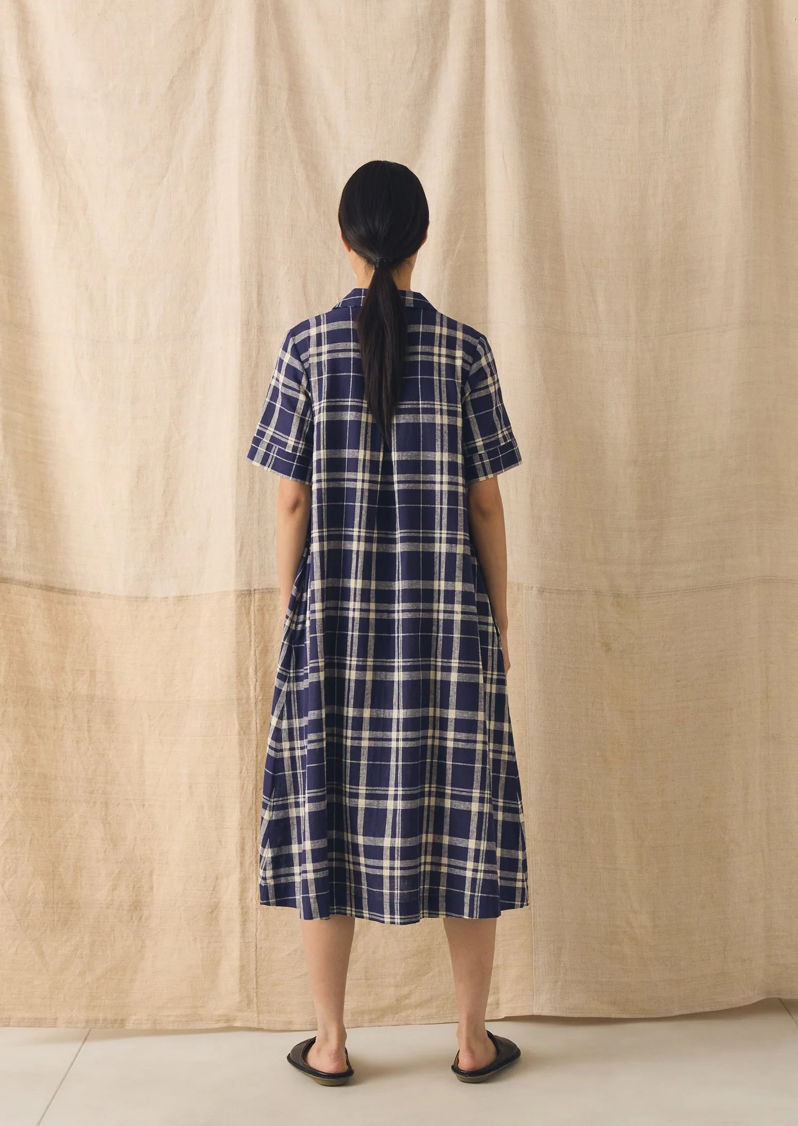 Check Linen Cotton Swing Dress | Blue/Soya - Image 4
