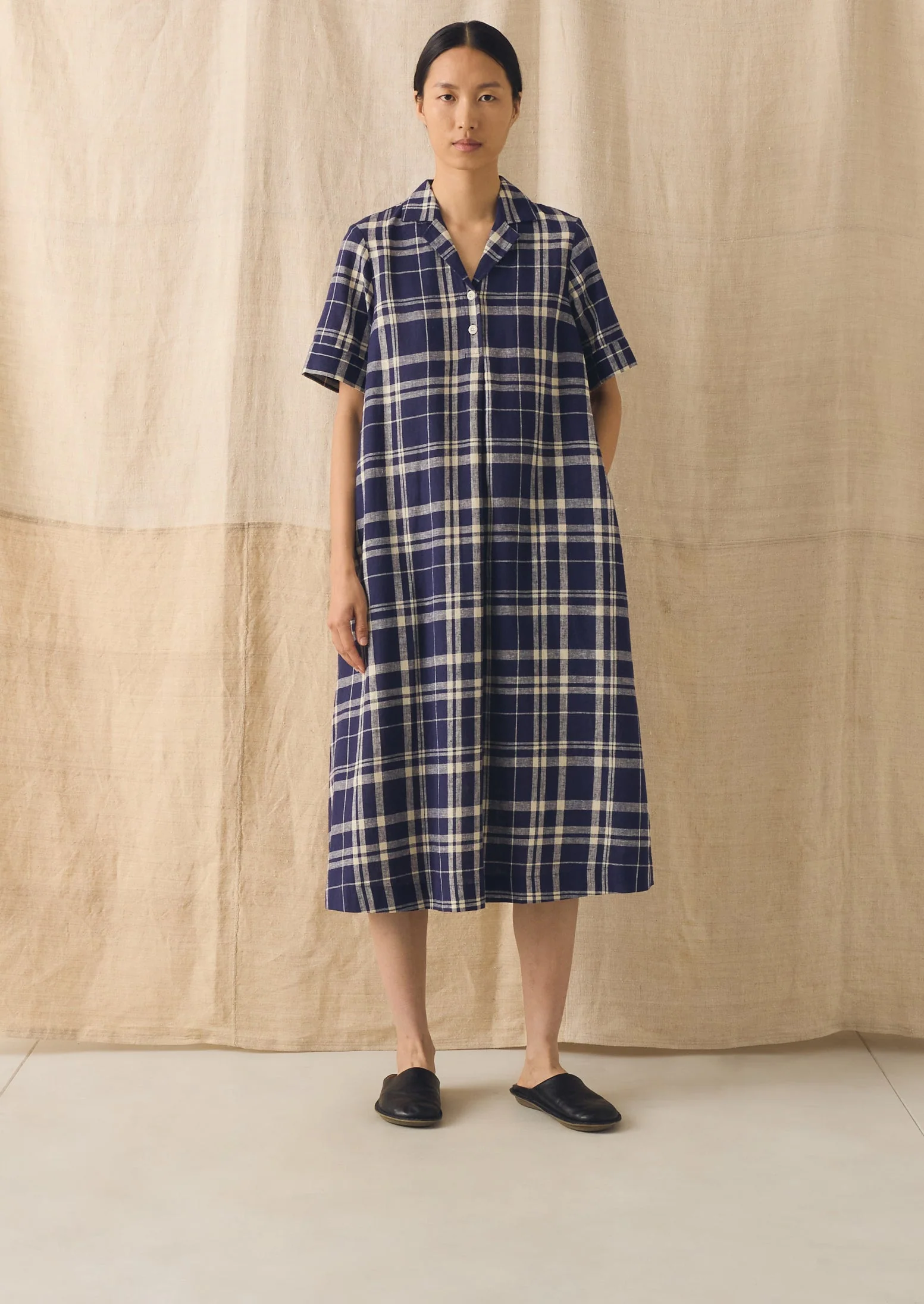Check Linen Cotton Swing Dress | Blue/Soya - Image 5