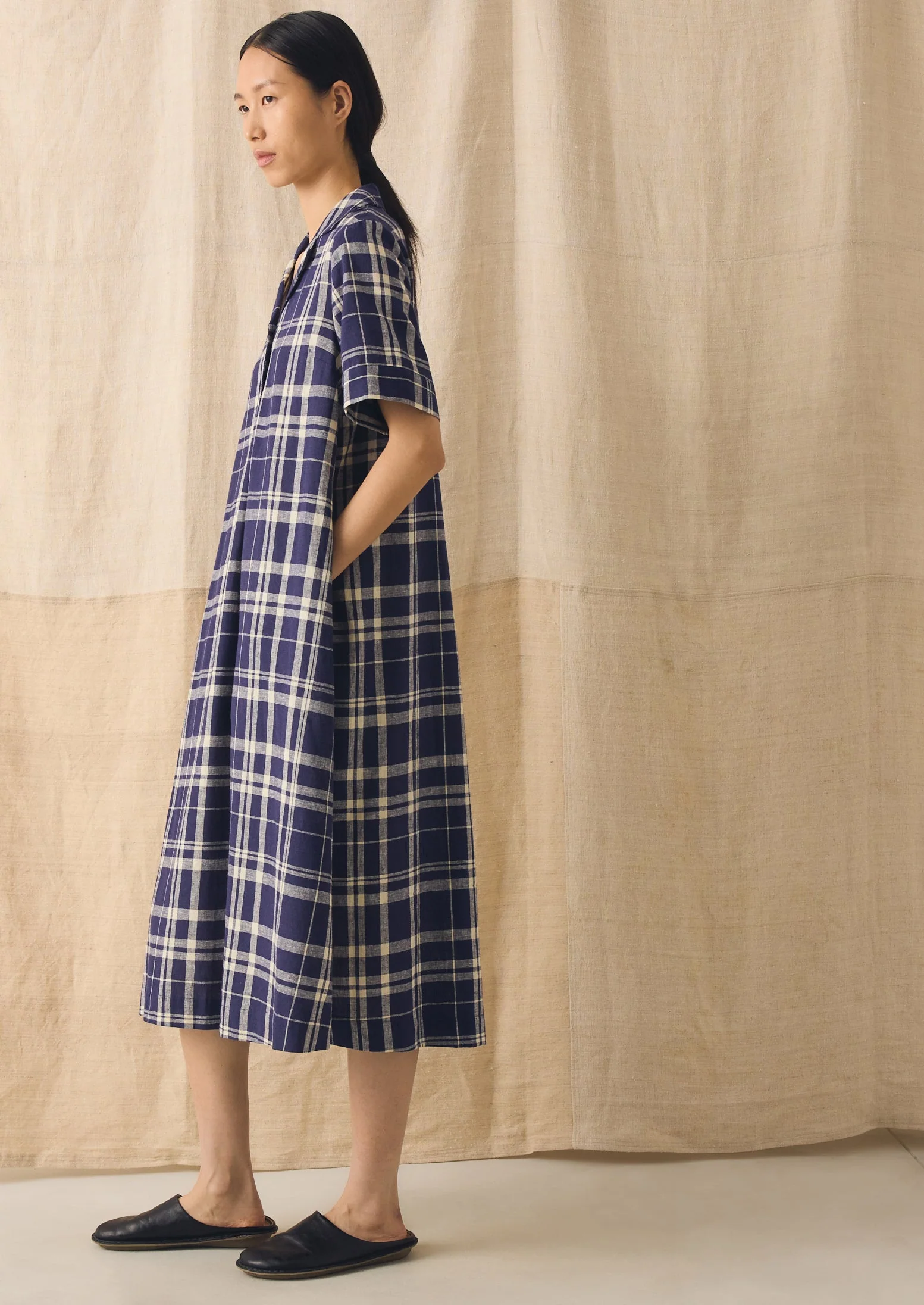 Check Linen Cotton Swing Dress | Blue/Soya - Image 6