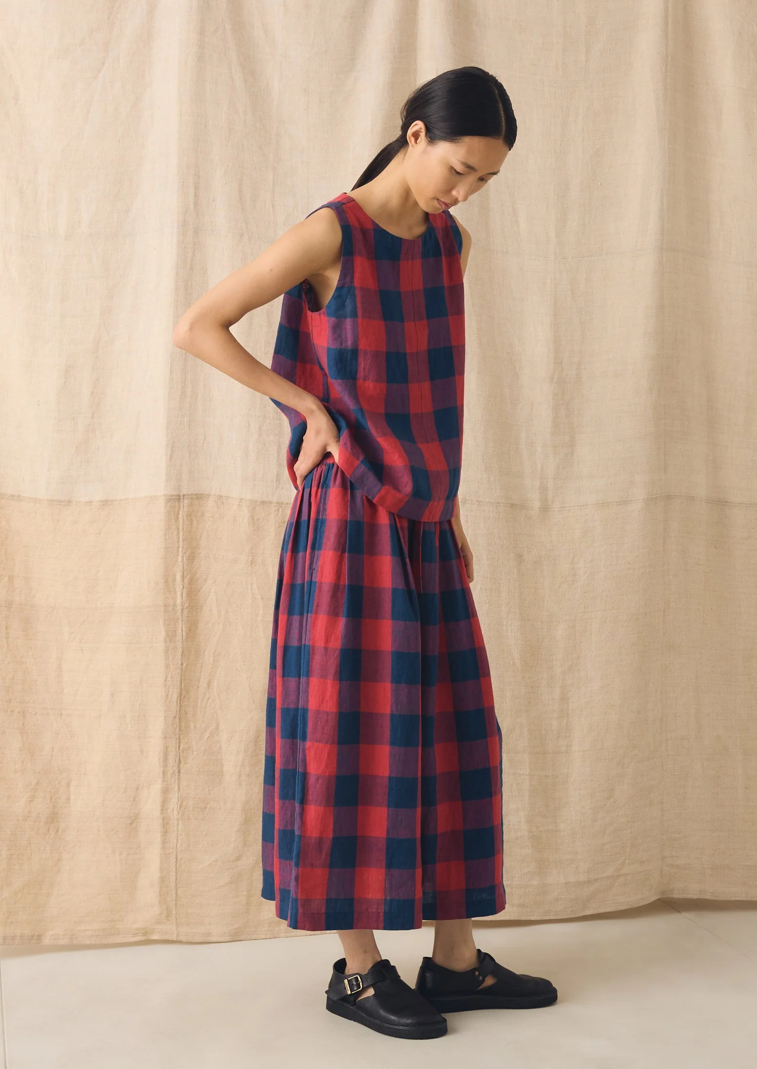 Gingham Check Linen Skirt | Raspberry/Blue - Image 3