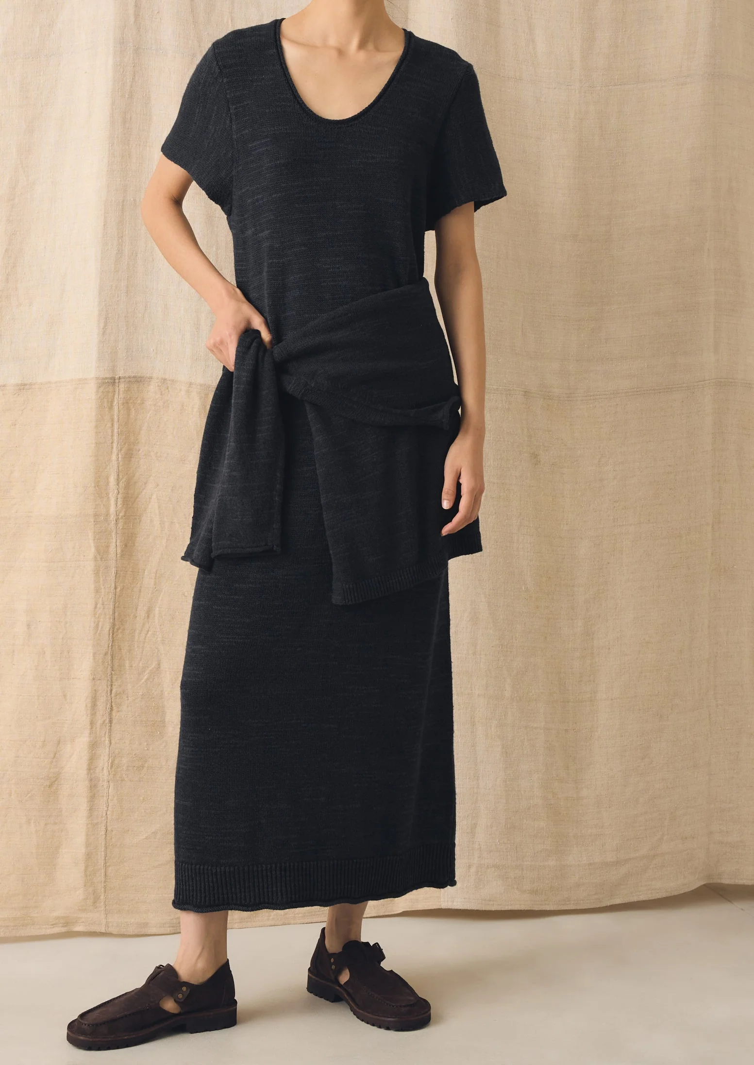 Knitted Linen Cotton T Shirt Dress | Dark Navy - Image 3