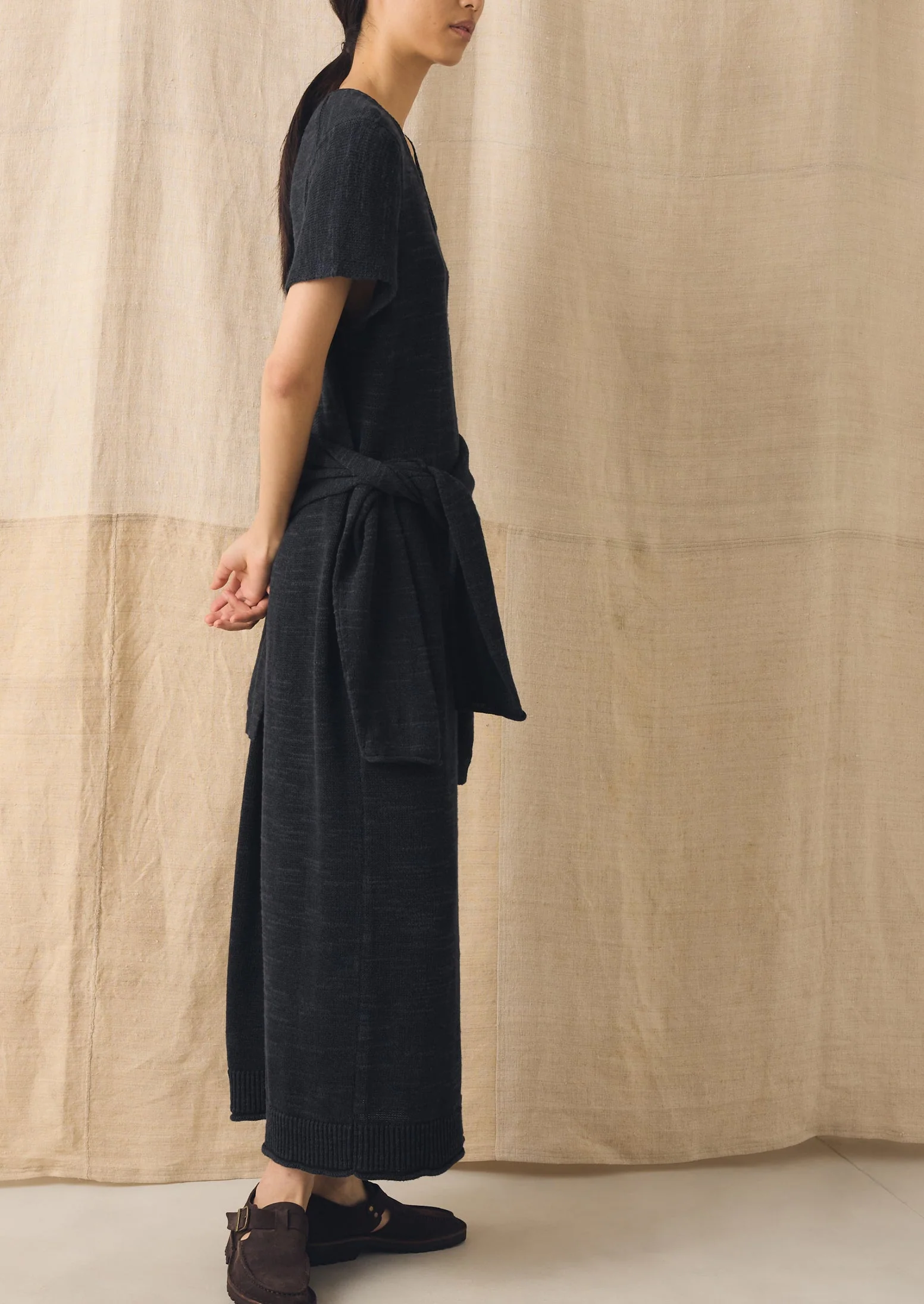 Knitted Linen Cotton T Shirt Dress | Dark Navy - Image 4