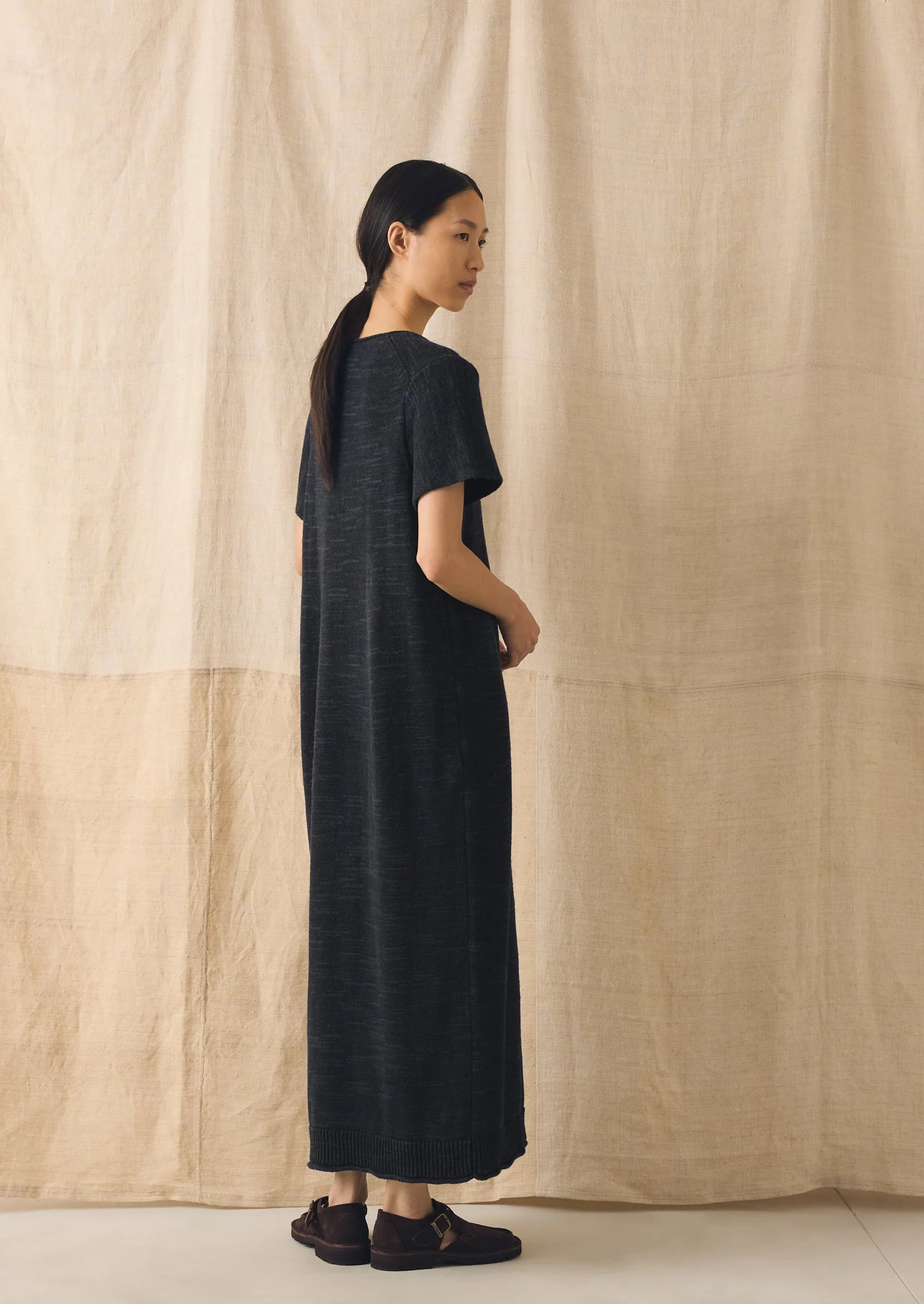Knitted Linen Cotton T Shirt Dress | Dark Navy - Image 5