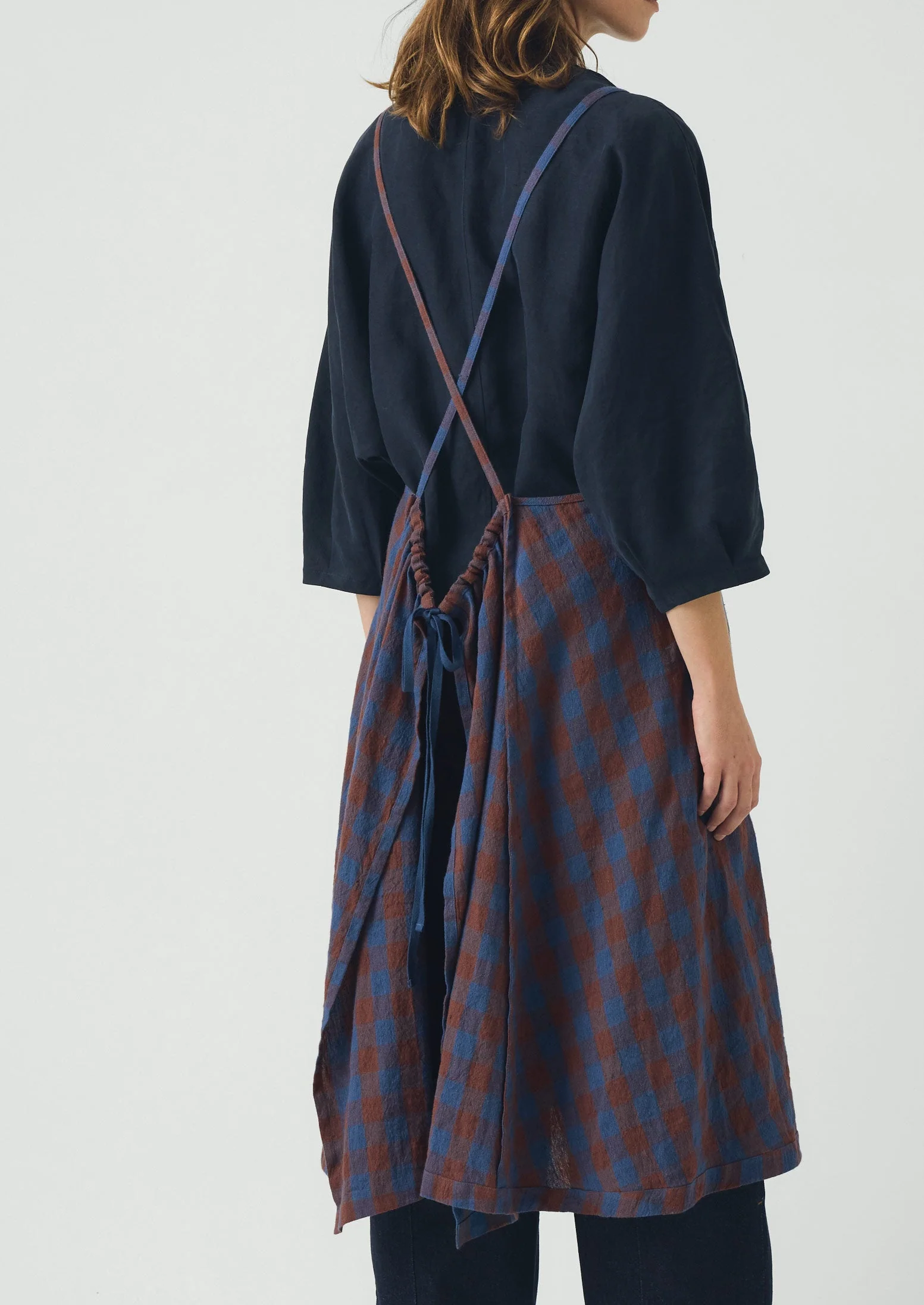 Orchard Check Cross Back Linen Cotton Apron | Brown Ochre/Dark Cornflower - Image 3