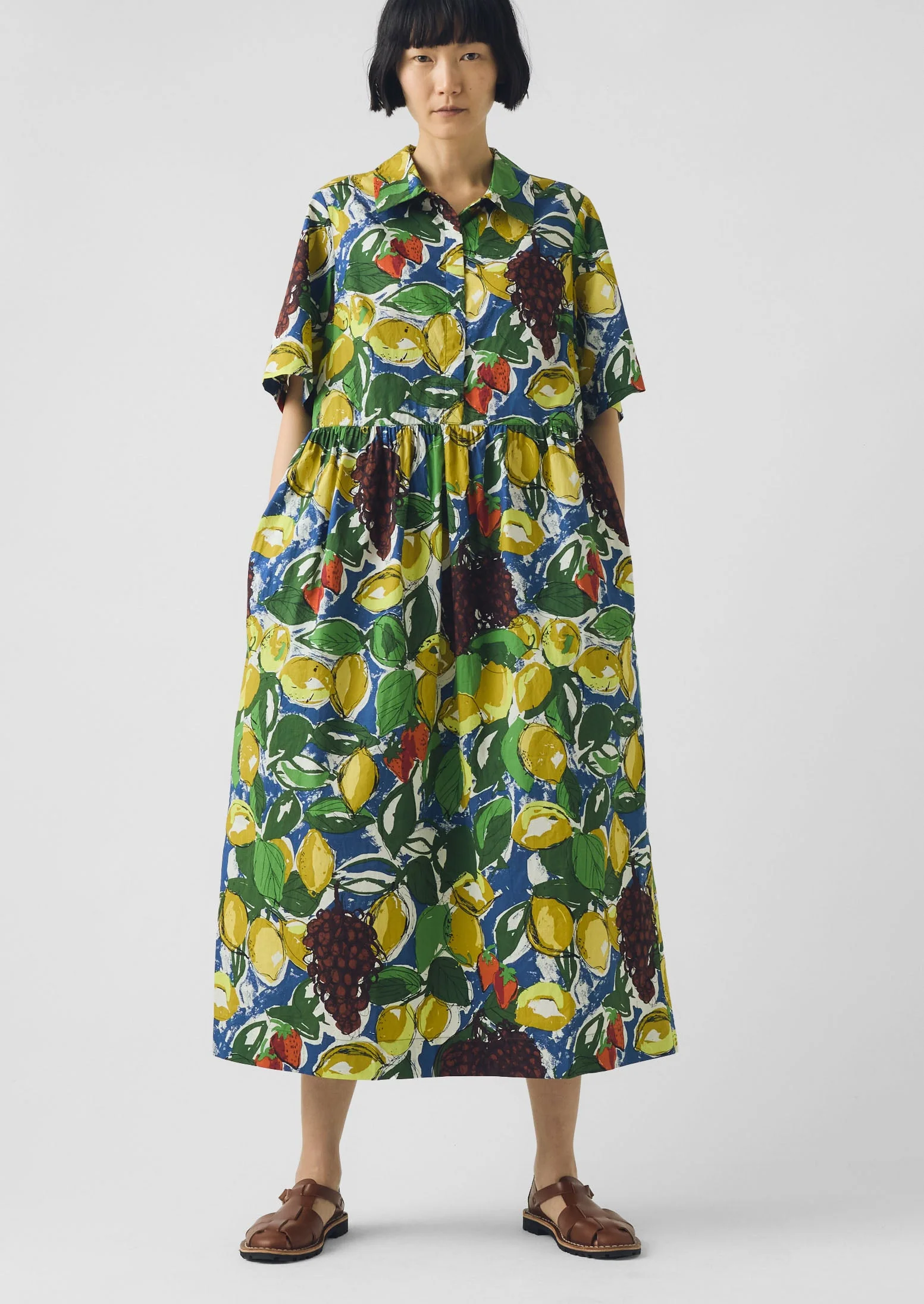 Selma Sketched Fruit Print Shirt Dress | Verdigris/Multi - Image 3