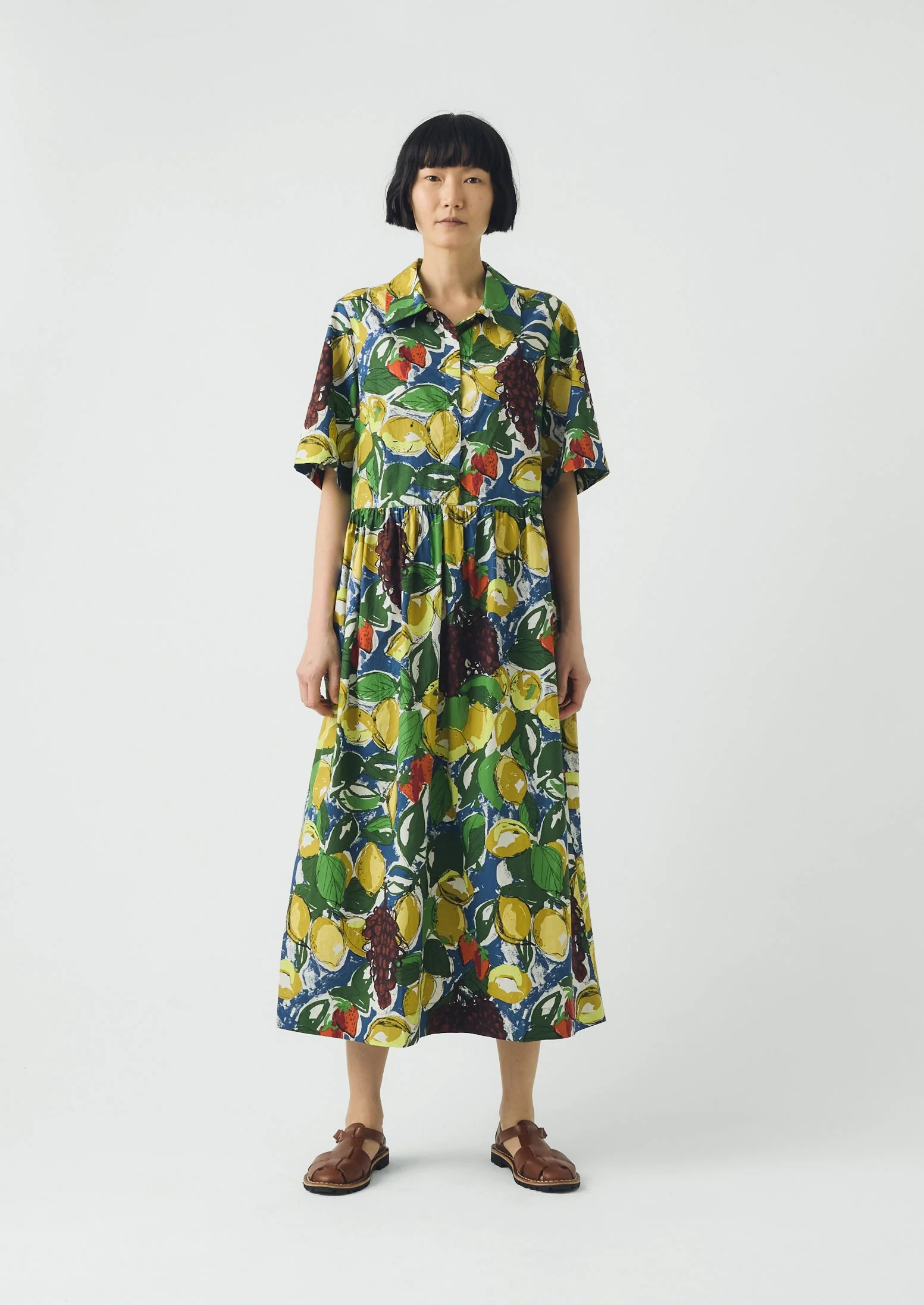 Selma Sketched Fruit Print Shirt Dress | Verdigris/Multi - Image 6