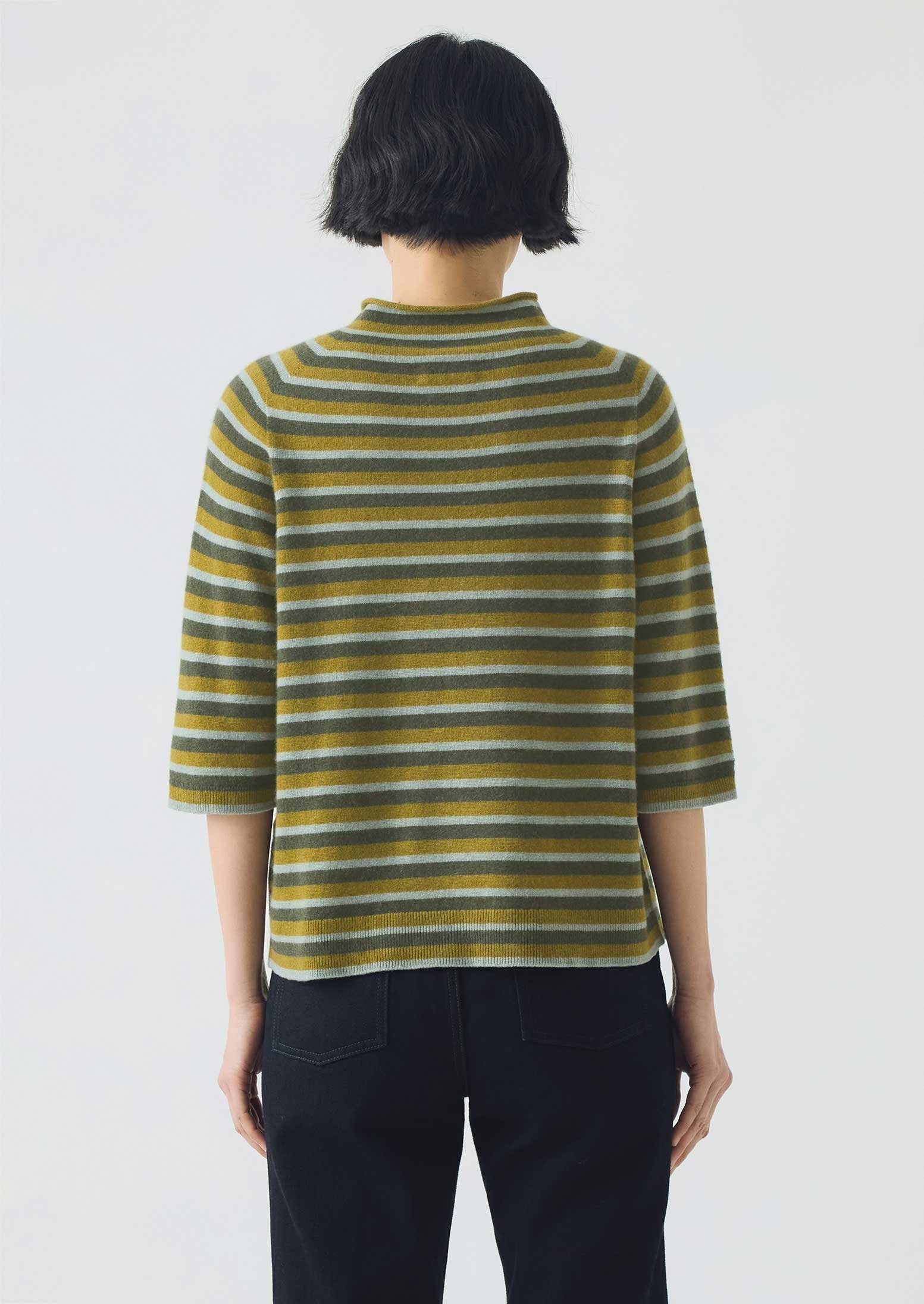 Stripe Wool Cashmere Half Sleeve Sweater | Green Multi - Image 3